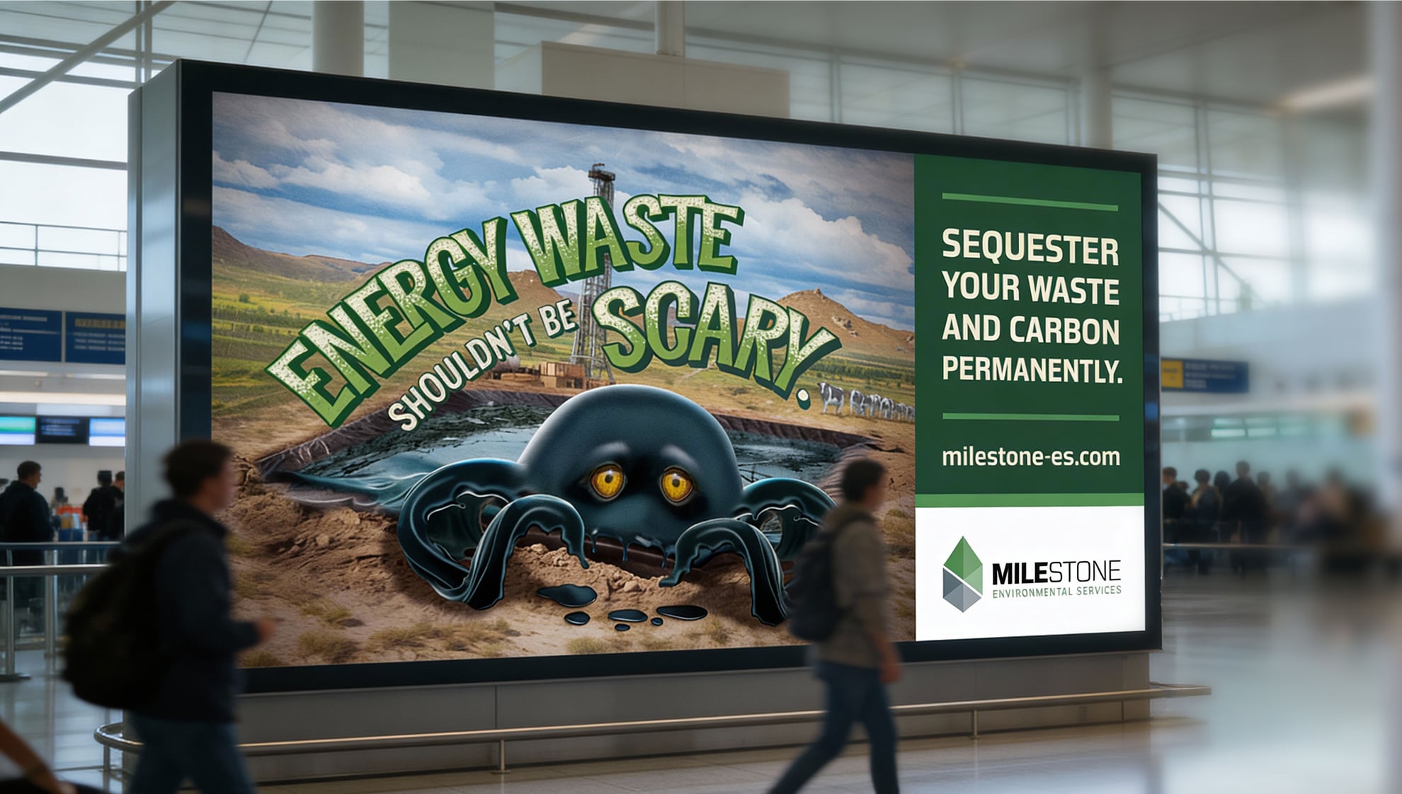 Alt text: &ldquo;Airport billboard ad showing a cartoon oil‑slick monster in a waste pit with the headline &lsquo;Energy waste shouldn&rsquo;t be scary&rsquo; beside copy reading &lsquo;Sequester your waste and carbon permanently&rsquo; and the Milestone Environmental Services logo and web address.