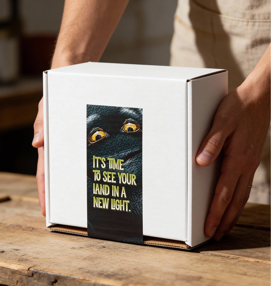Hands holding a white shipping box sealed with a black label showing Sludgie&rsquo;s yellow eyes and the message &lsquo;It&rsquo;s time to see your land in a new light.&rsquo;