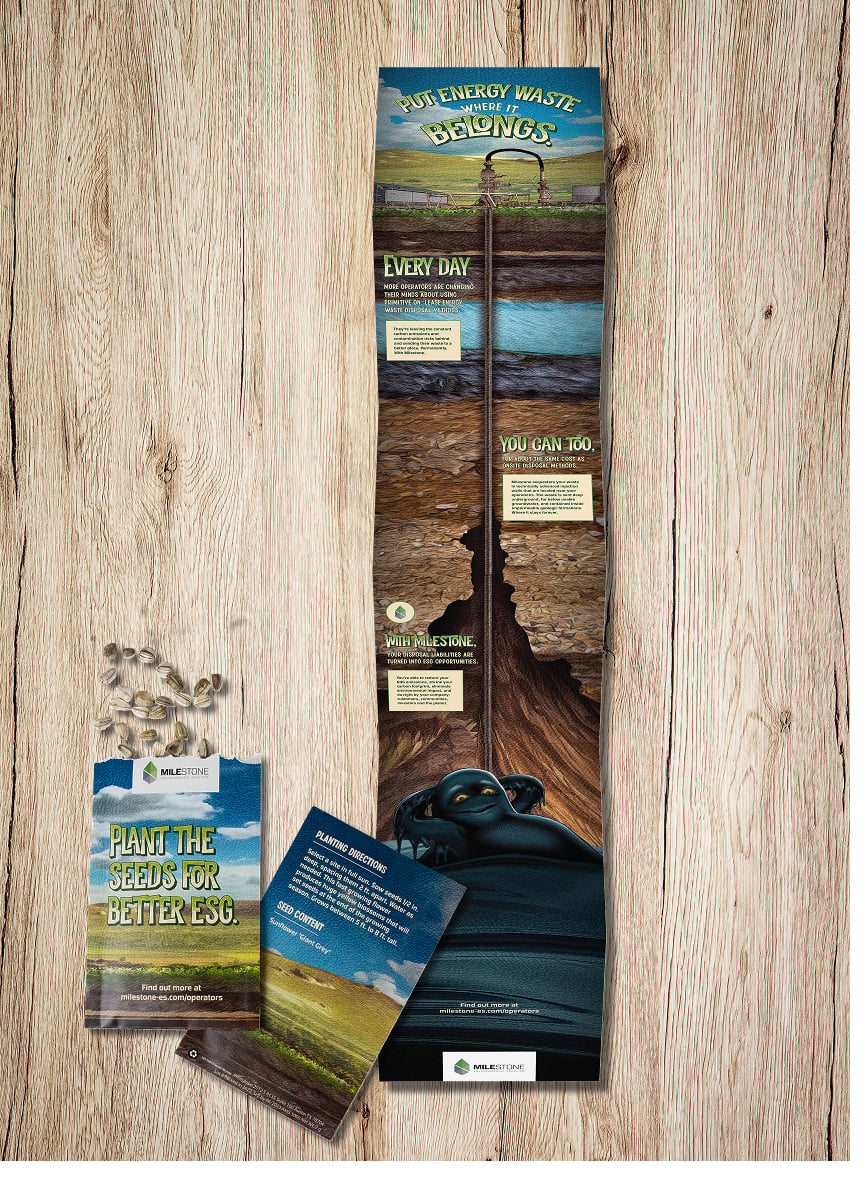Milestone direct mail kit on a wood table featuring a tall fold‑out piece that shows waste safely buried underground with Sludgie at the bottom and smaller seed packets reading &lsquo;Plant the seeds for better ESG.&rsquo;
