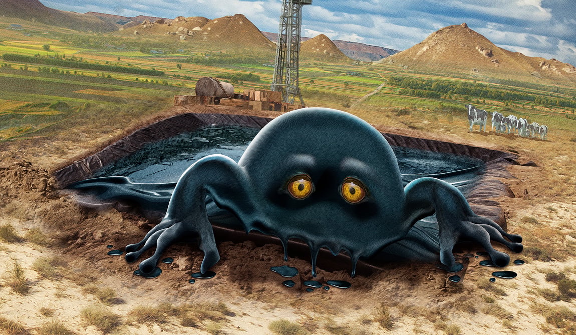 Cartoon oil‑slick creature with sad yellow eyes crawling out of a wastewater pit in a rural drilling site, symbolizing pollution.