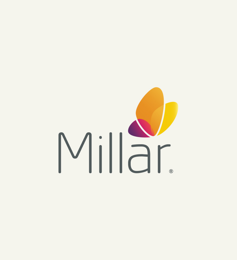 Millar wordmark with orange, yellow, and magenta butterfly icon on a light background.