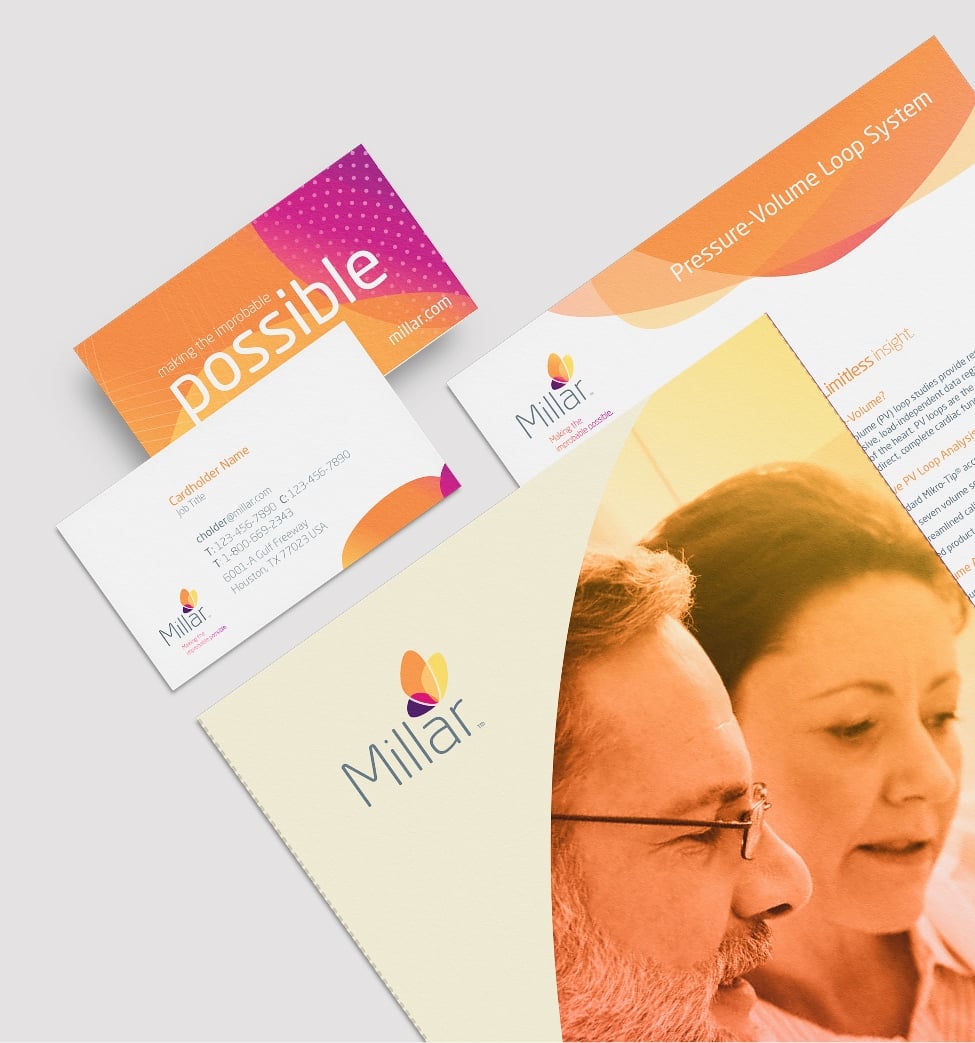 Millar branded print collateral including business cards and brochures featuring orange and magenta gradient graphics and patient imagery.