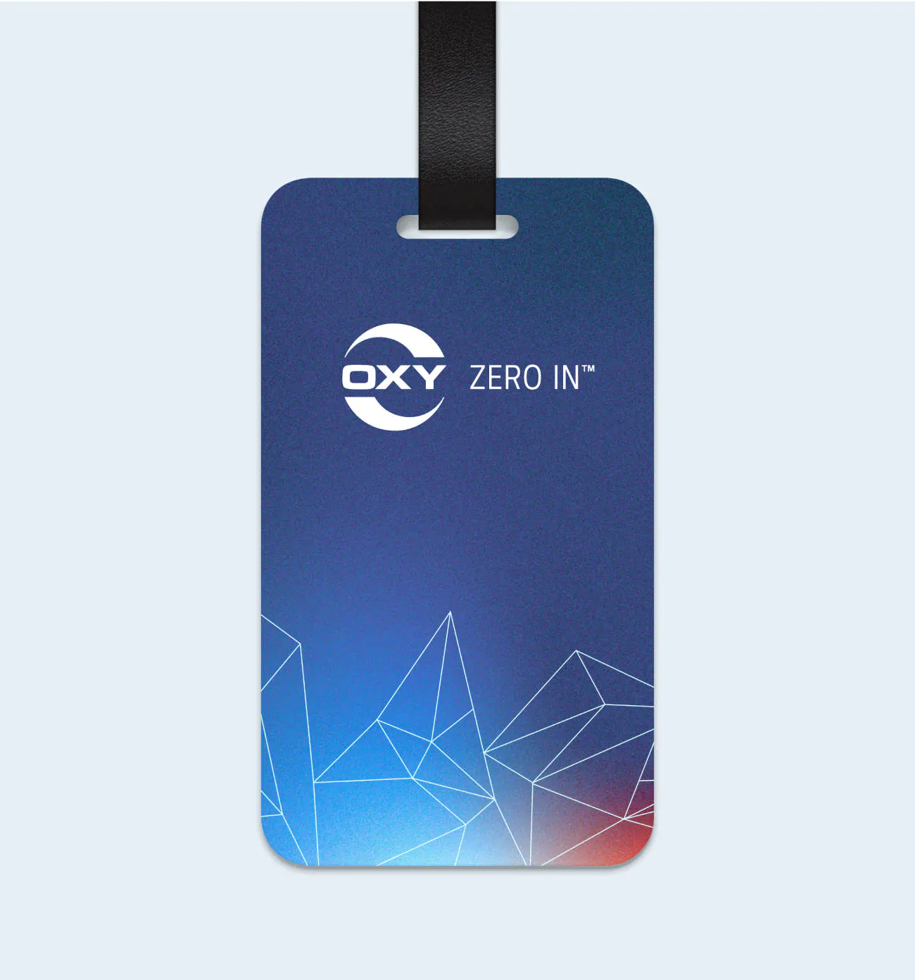 A mock up of an event badge with the Oxy logo and "Zero In" slogan on it
