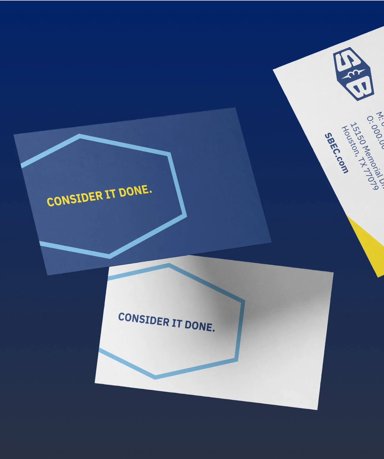 Business cards with the S&B "Consider It Done" design on them