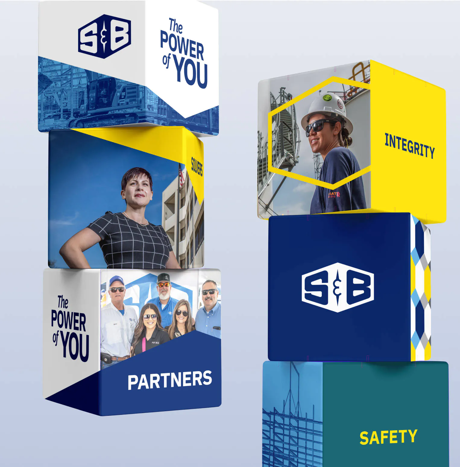Branded cube displays with the new S&B logo and designs