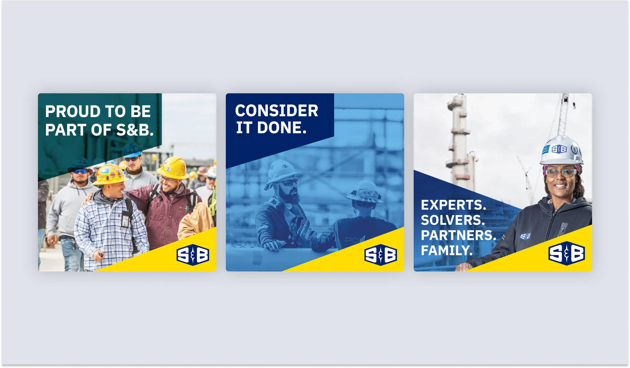 Square digital banner ads featuring the new S&B brand designed by BrandExtract
