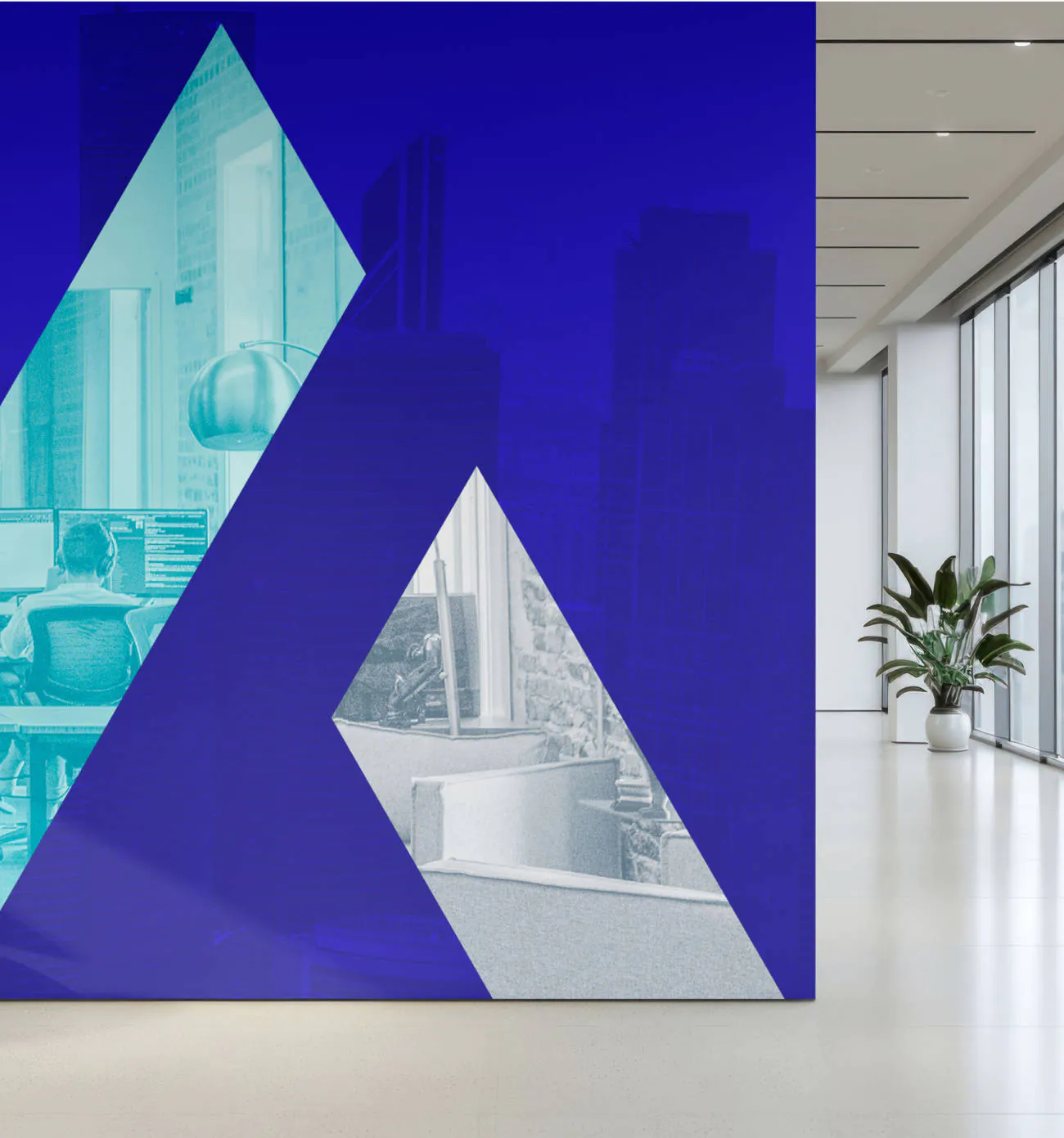 A mockup of a wall with the Skyward "A" painted on it along with the brand colors