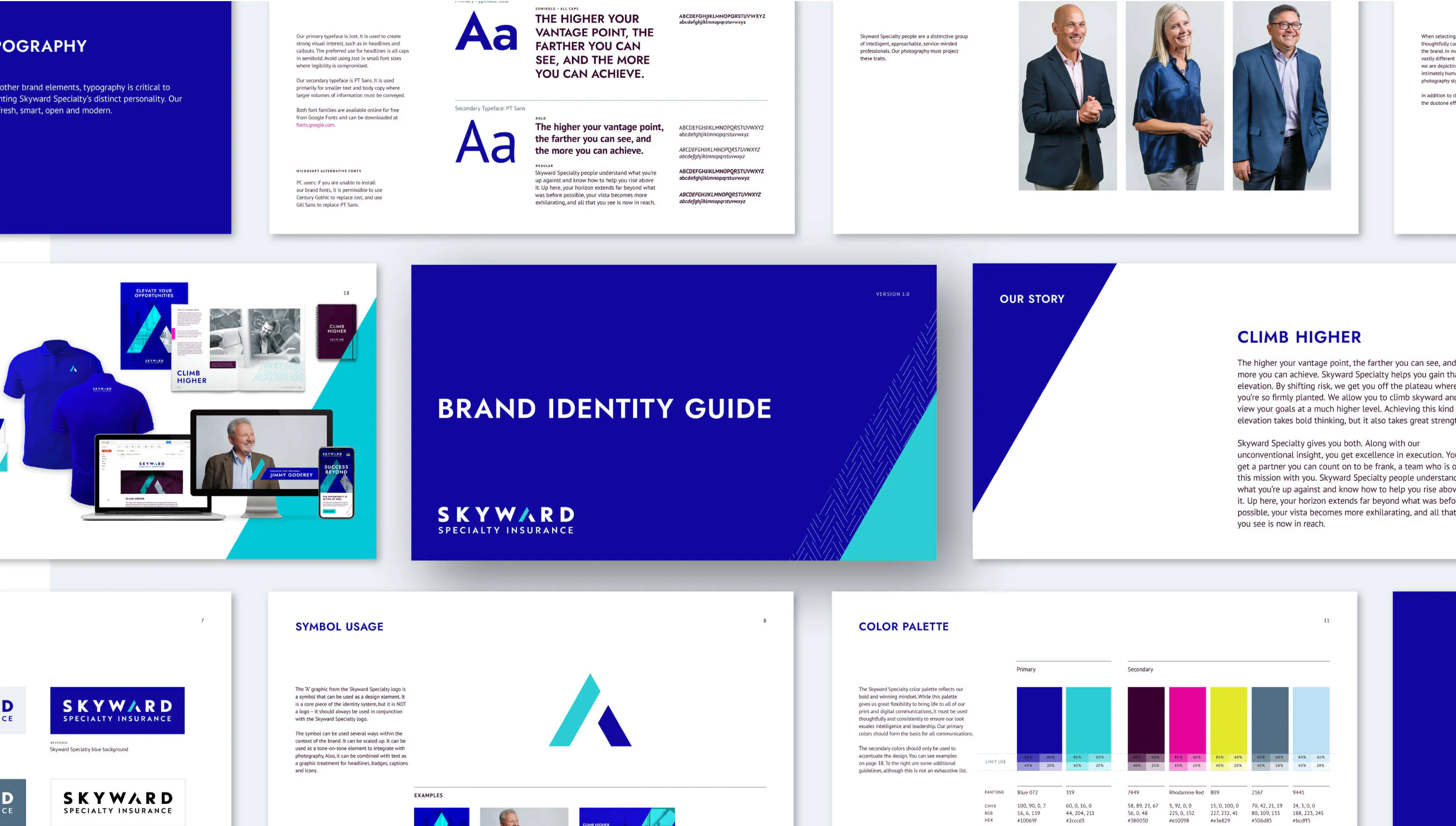 A brand board showing different assets in the new Skyward brand designs