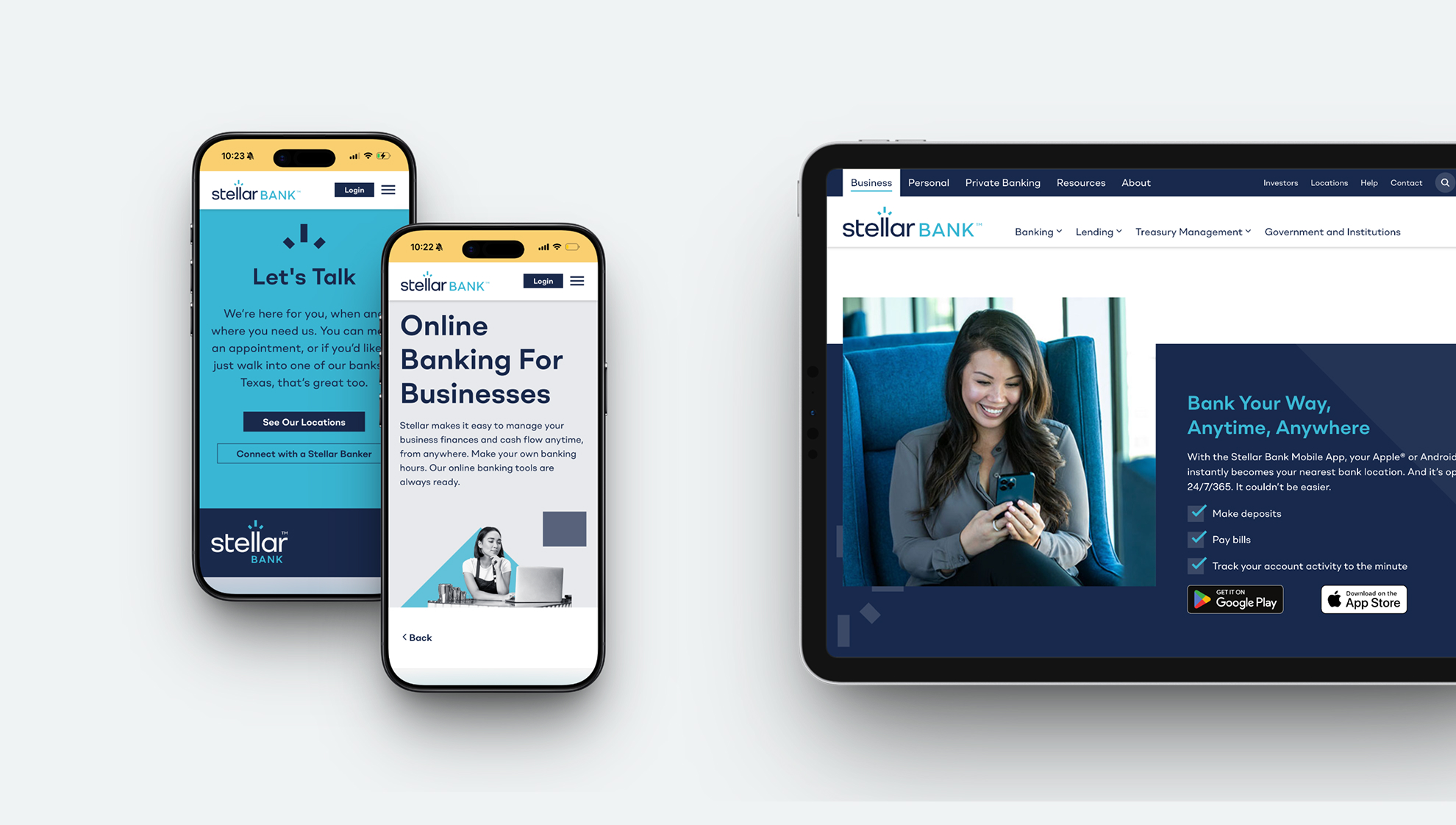 Stellar Bank mobile and tablet screens showing online and business banking experiences with customers using the banking app.