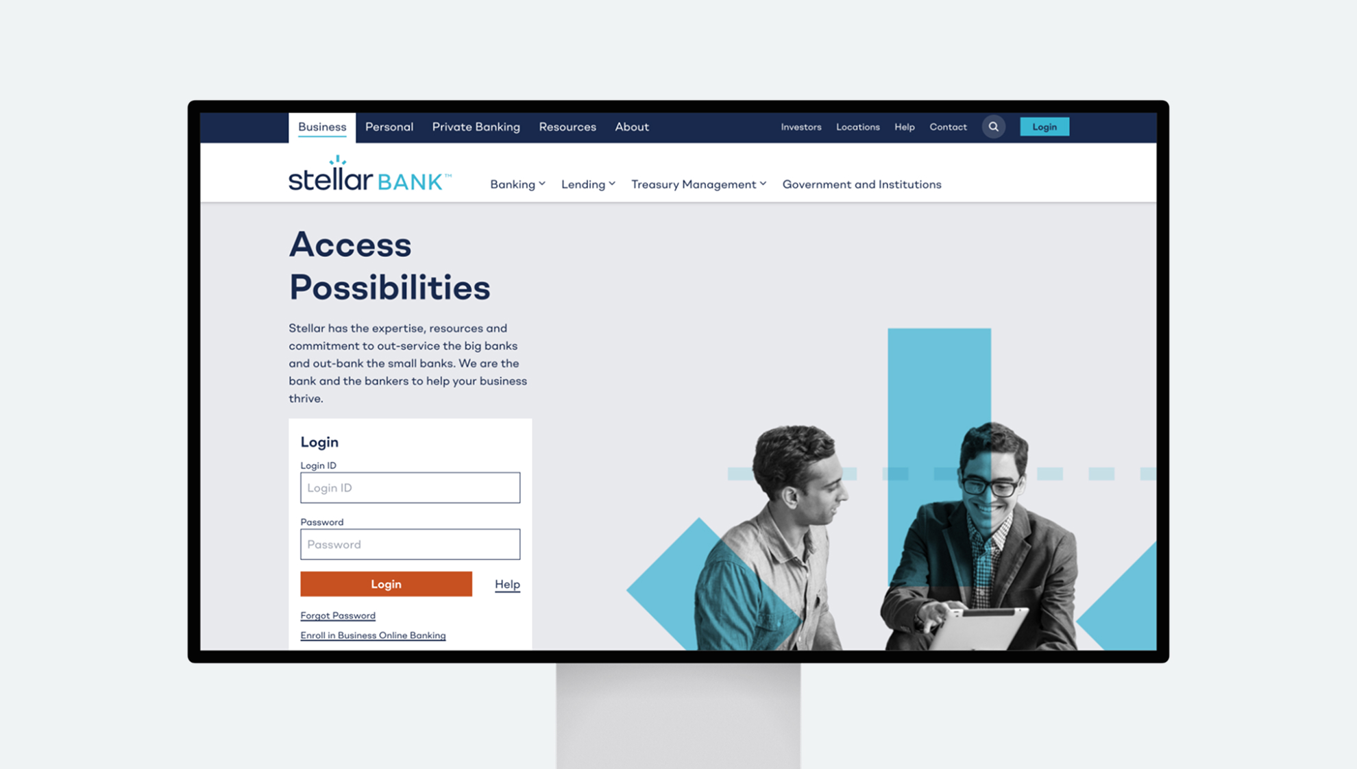 Stellar Bank business online banking login page with two bankers reviewing information on a tablet beside the Access Possibilities headline