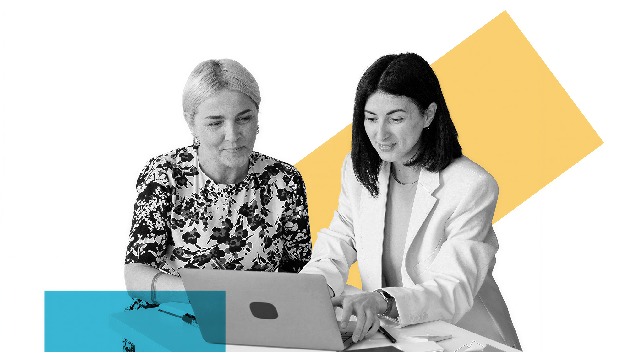 Two professionals collaborating on a laptop at a desk, overlaid with teal and yellow geometric shapes on a white background.