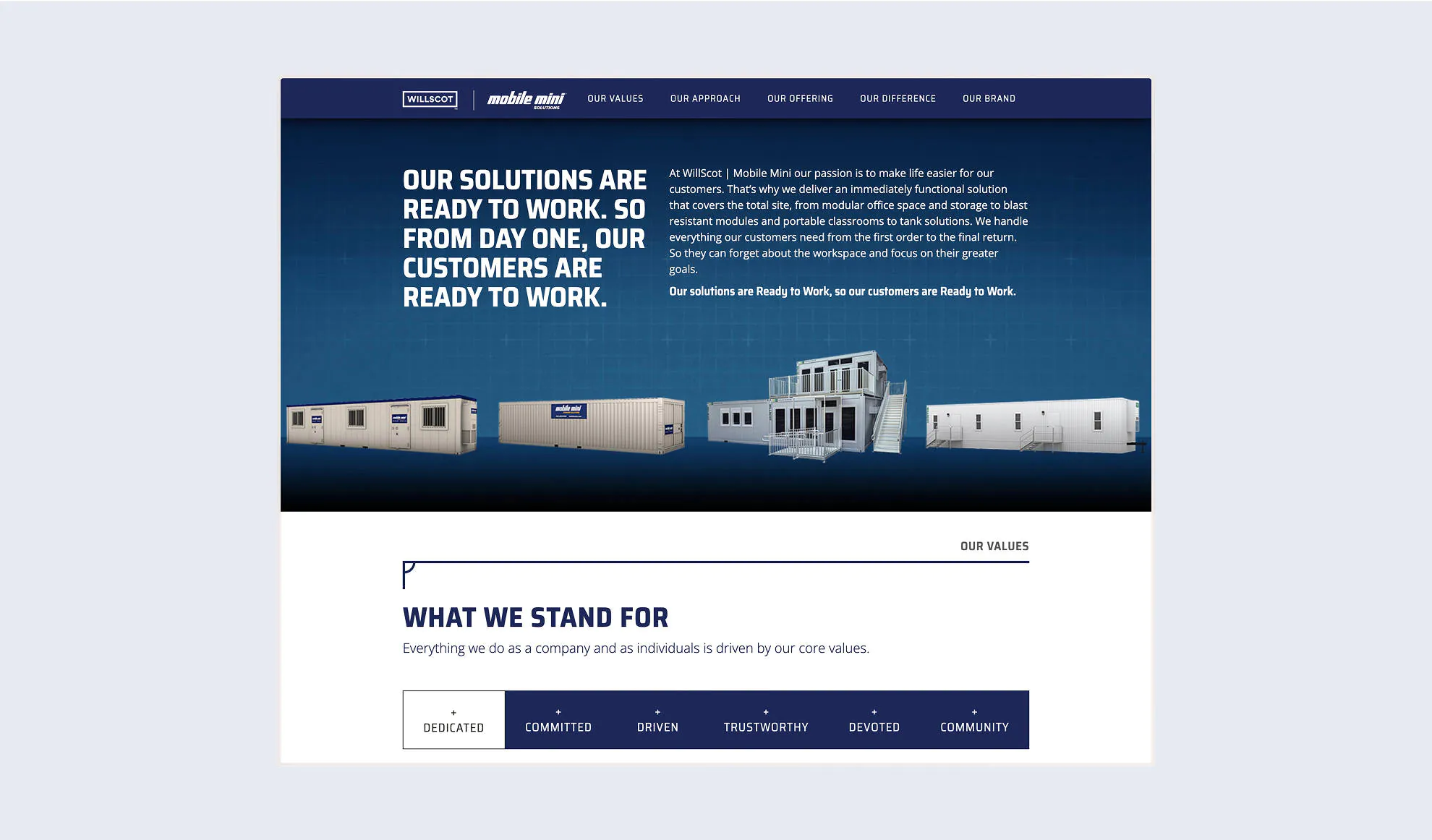 Two screenshots showing the newly designed WillScot and Mobile Mini web pages