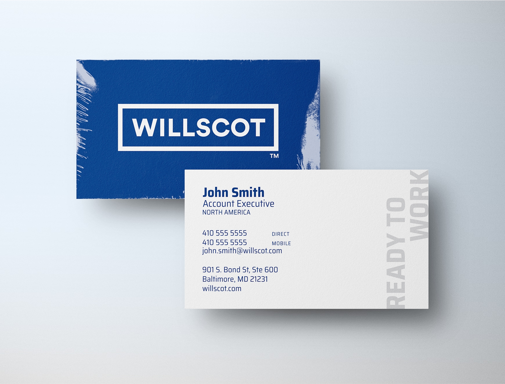 An example of a blue WillScot business card designed by BrandExtract