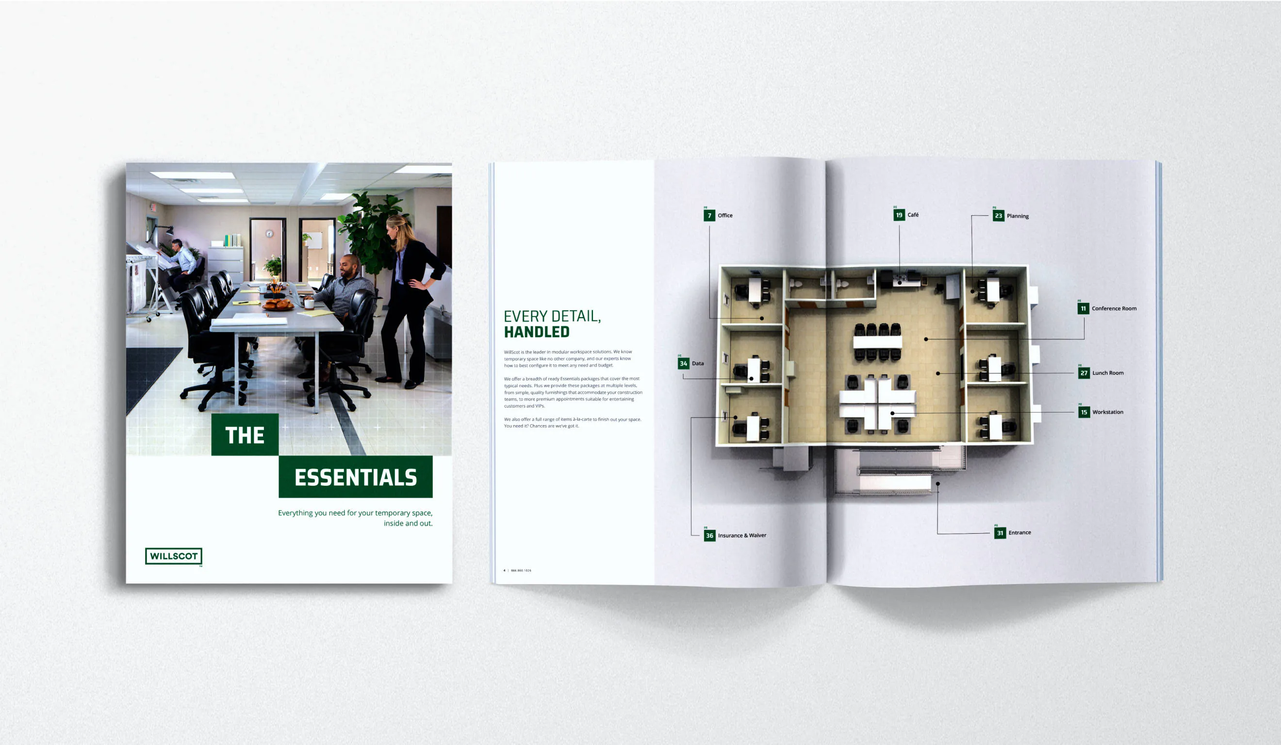 The WillScot Essentials catalog featuring the cover and a glimpse inside of WillScot's modular and temporary spaces