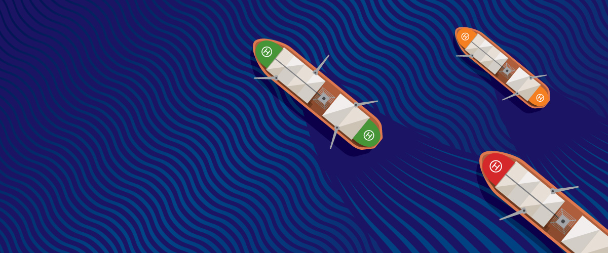 A graphic image of three boats cruising through the ocean.