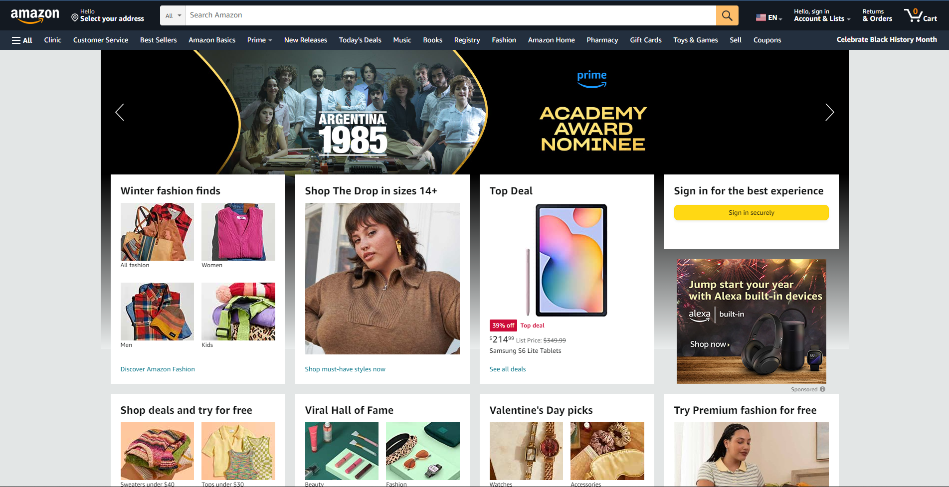 Screenshot of the home page of Amazon.com