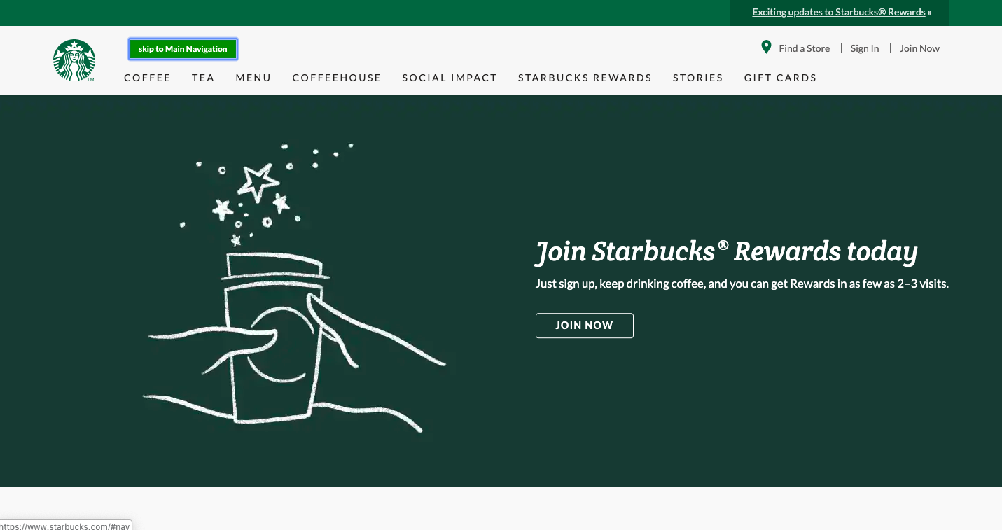 An example of a skip link from Starbucks.