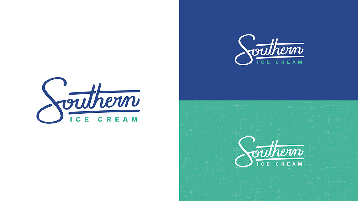 Three different versions of the Southern Ice Cream logo against different colored backgrounds.