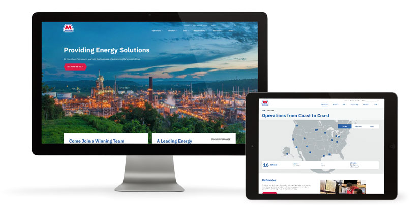 The Marathon Petroleum website displayed on a tablet and desktop monitor.