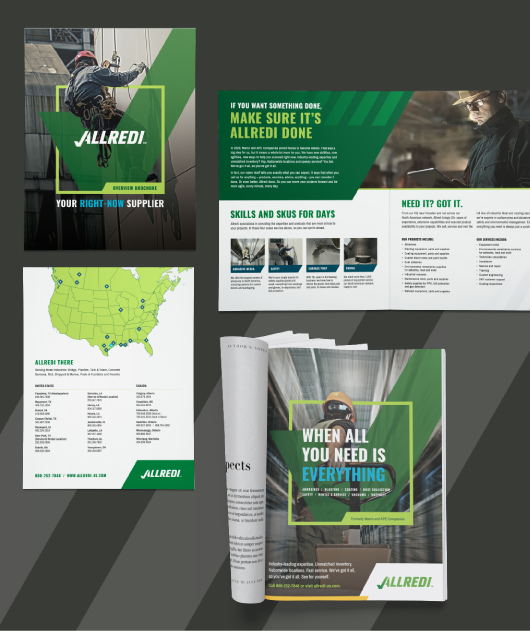 Images of the Allredi brand on print materials.