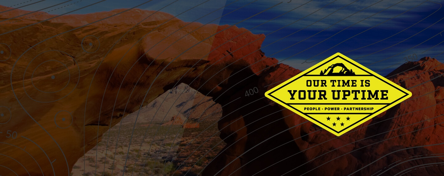 Scenery of rocks and Our Time is Your Uptime logo