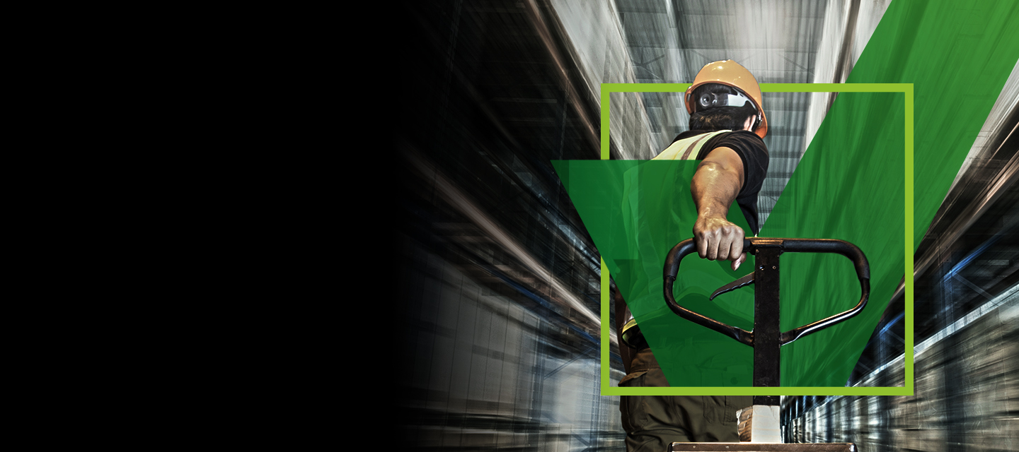 Allredi graphic containing a person pulling a pallet jack
