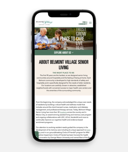 Belmont village website screen capture on a mobile device 