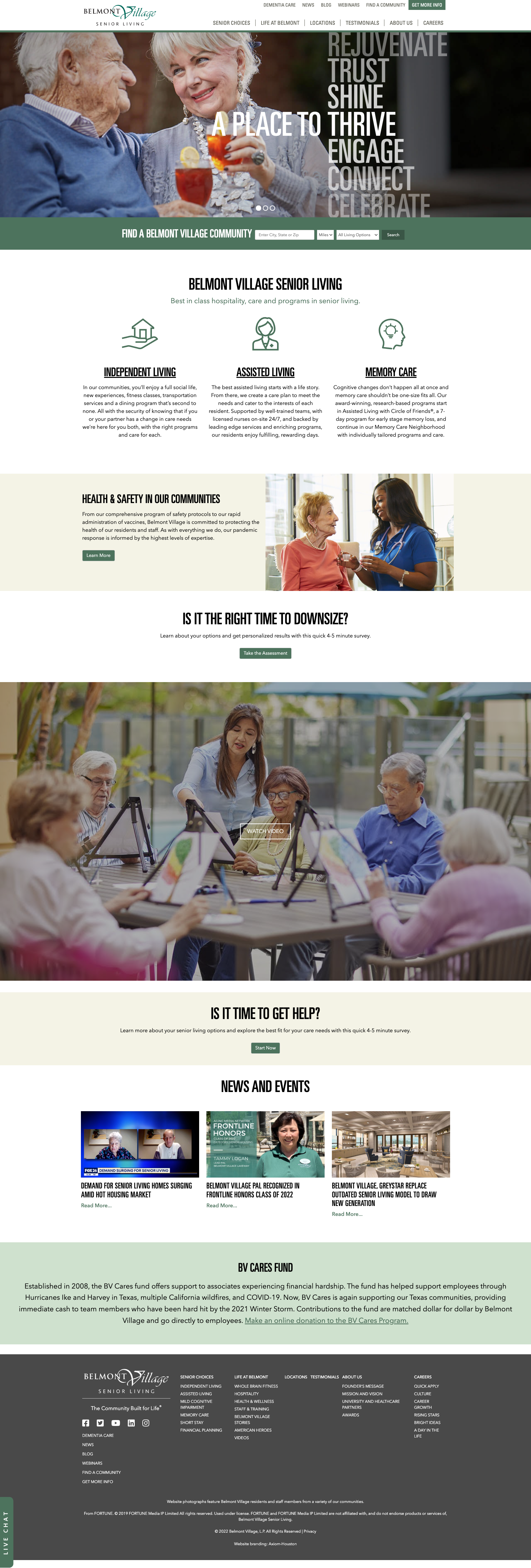 Belmont Village website homepage