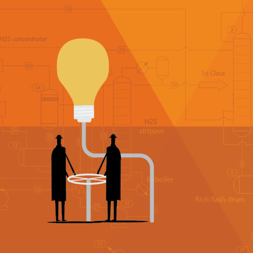 Process simulation schematics and image of a woman speaking to a group of people