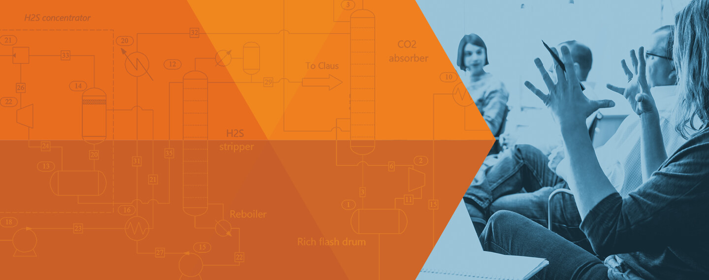 Process simulation schematics and image of a woman speaking to a group of people