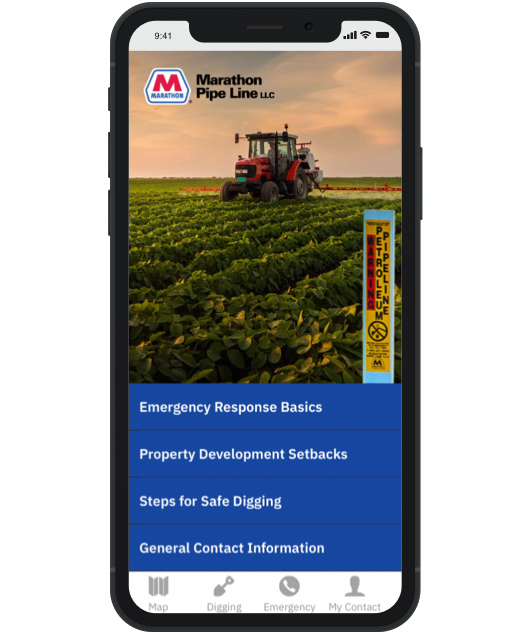 Marathon Pipe Line finder app shown on a phone