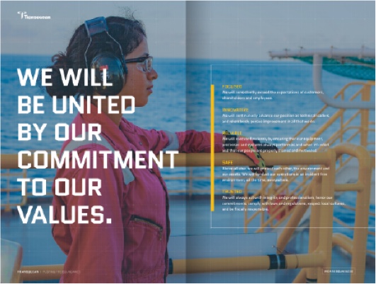 The Transocean magazine featuring a woman with headphones staring out into the ocean from an oil rig.