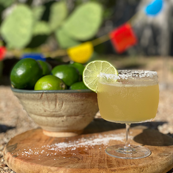 A light gold drink in a goblet glass with salt and a single lime slice lining the rim.